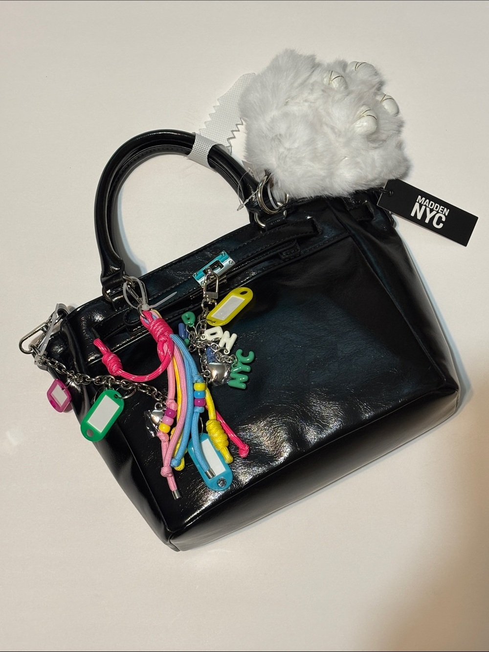 Madden NYC Black Top-Handle Satchel with Playful Charm Accents